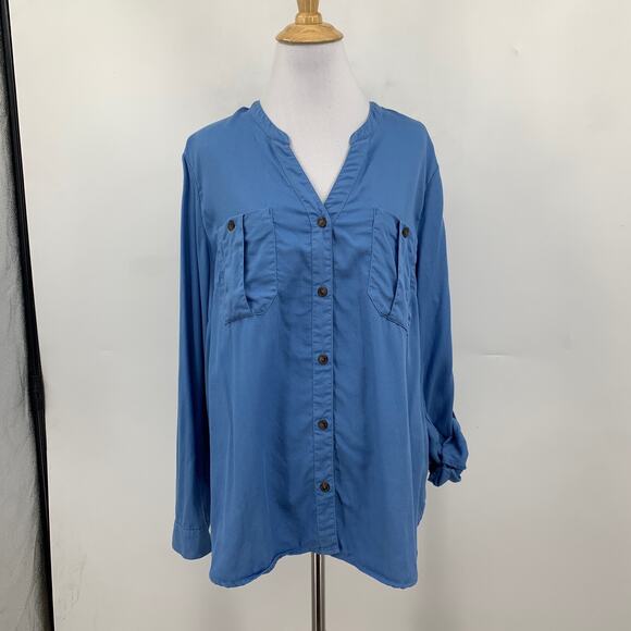 J Jill Shirt Women L Large Copen Blue Tab Sleeve Button Up Pockets Long Sleeve - Picture 3 of 14